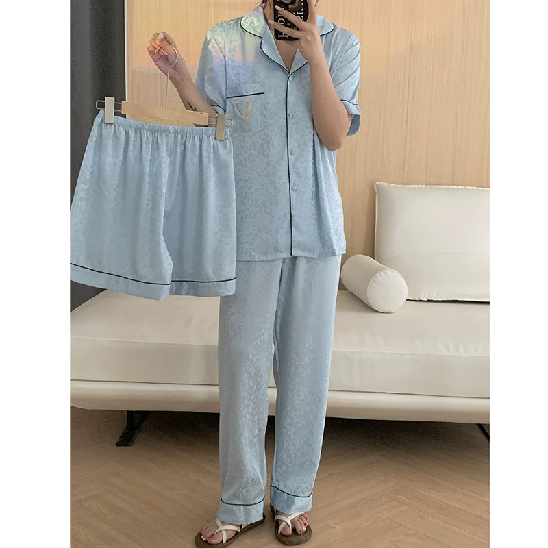 Женская пижама с лацканами и длинными рукавами в Корейском стиле, Новинка лета, свободные брюки высокого класса, домашняя одежда, повседневный комплект из трех предметов