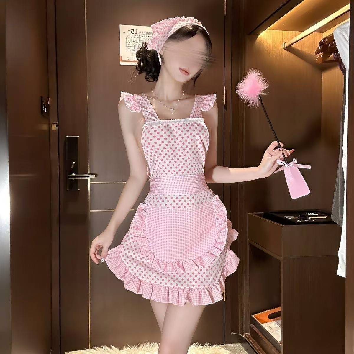 Pink Polka Dot Maid Apron Set with Headscarf, Sheer Polyester Roleplay Uniform — detail image 3