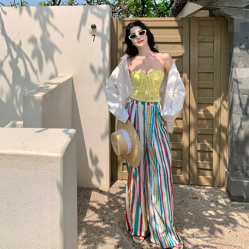 Vacation Style Daily Thin High-Waisted Pants + Sexy Style Strappy Tube Top Short Top Suit