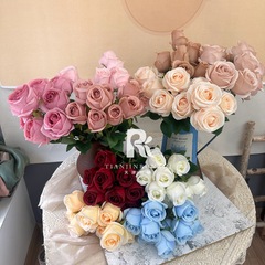 跨境仿真花9頭玫瑰花雷婚慶花牆插花裝飾玫瑰花假花家居擺放道具