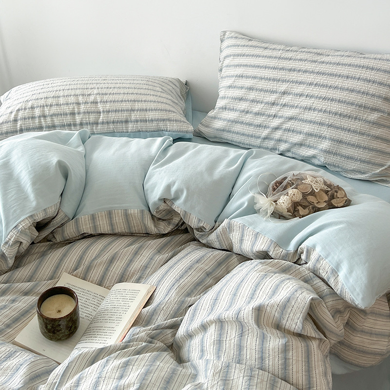Minimalist Striped Cotton Bed Sheet Set For Student Dormitory_voghion.com