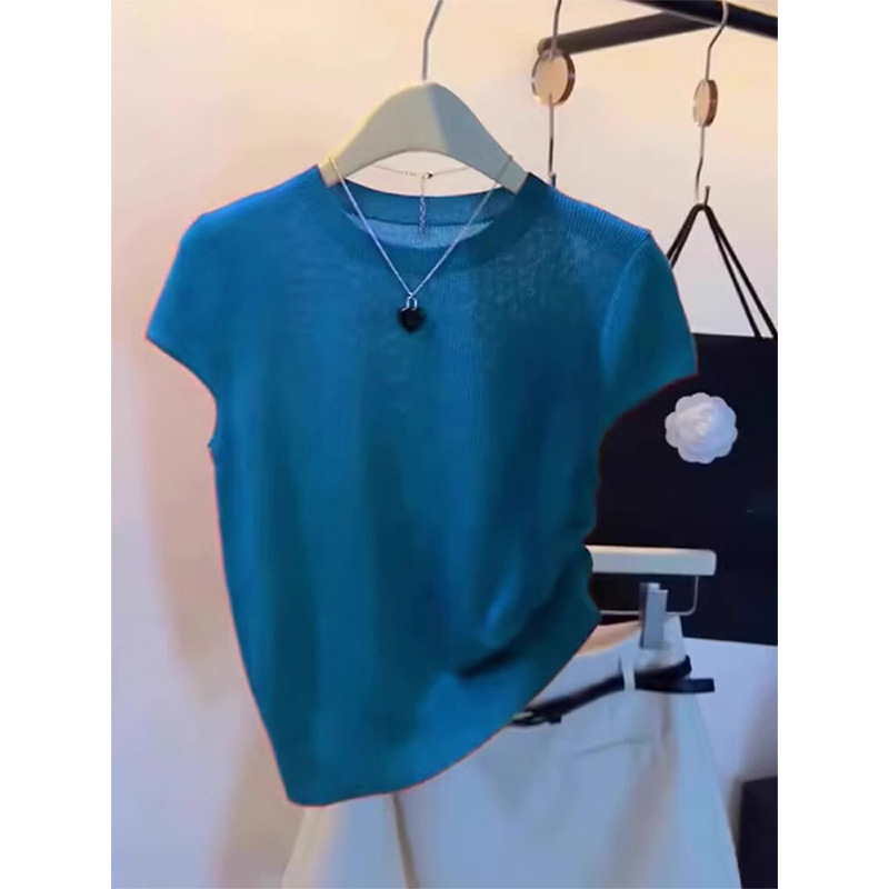 フレンチブルーアイスシルクスモールフライングスリーブ半袖ニットTシャツレディースサマーデザインニッチスリムフィットショートトップ薄手|undefined