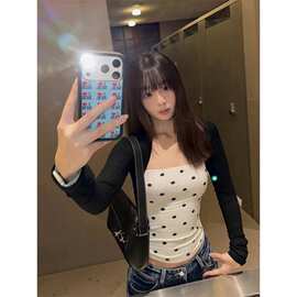 随高级正肩面料感巨心裁好看撞色波点长袖t恤女假两件广州图片色