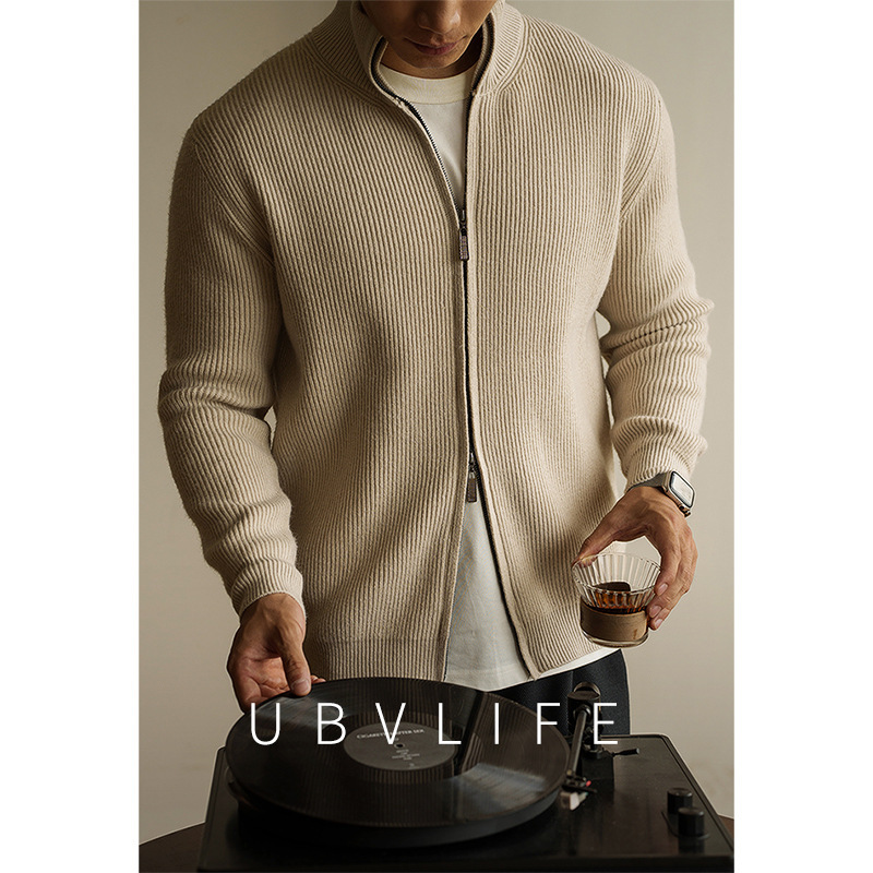 Warm Luxury Double Zipper Thickeneded Jacquard Anti-Pilling Knitted Cardigan Men's 2025 Autum New Casual Stand-Up Collar Sweater