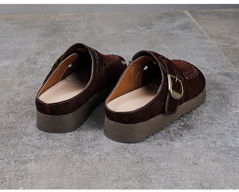 Dép sandal nữ bít mũi đế bệt da thật mềm mại form tròn — màu kaki chi tiết 12