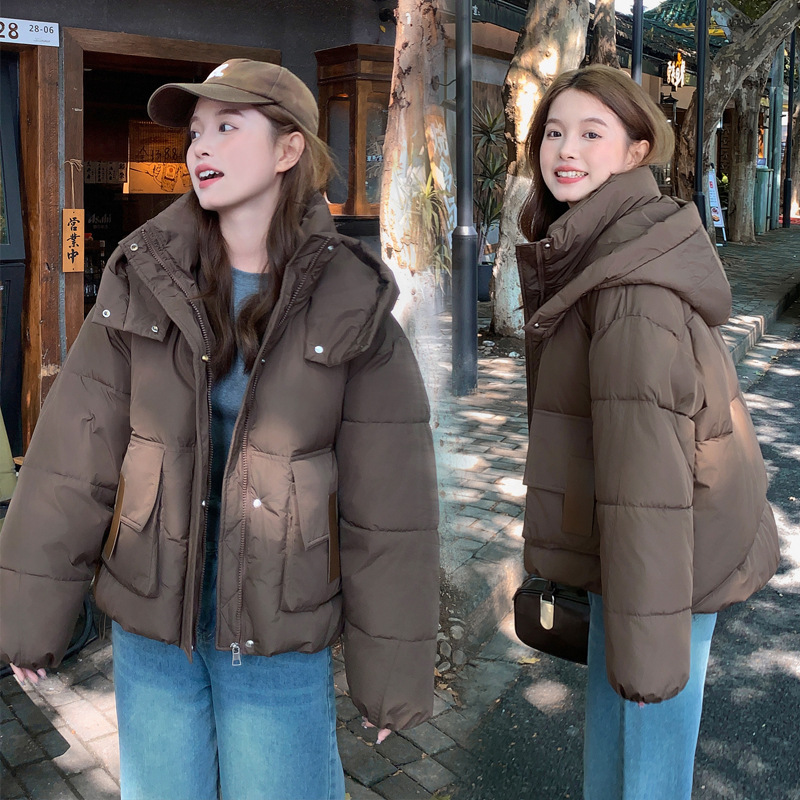 Ropa de algodón de mujer corta con capuzas gruesa ropa de pan de algodón coreano todo-completo suelto de bolsillo de mujer estereoscópico chaqueta de algodón caliente