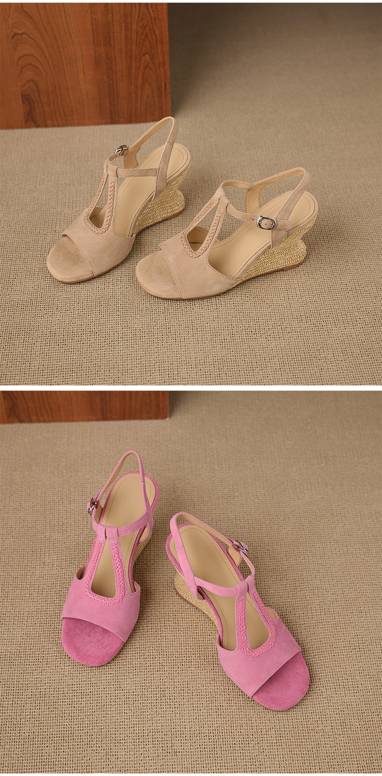 Sandal cao gót nữ hở mũi đế xuồng đan rơm, quai chữ T da lộn — Hồng, màu mơ chi tiết 13