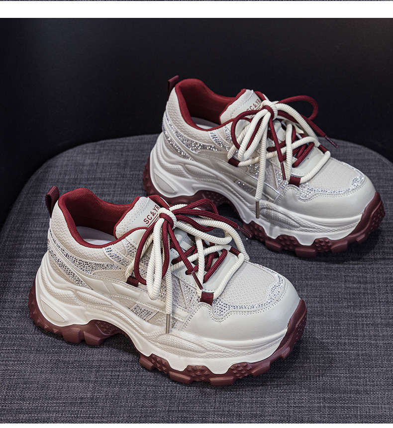 Giày sneaker nữ chunky đế dày phối đá pha lê, tăng chiều cao, siêu nhẹ, thể thao thời trang — 5022-1 đỏ lót lông, 5022 đỏ một lớp chi tiết 16