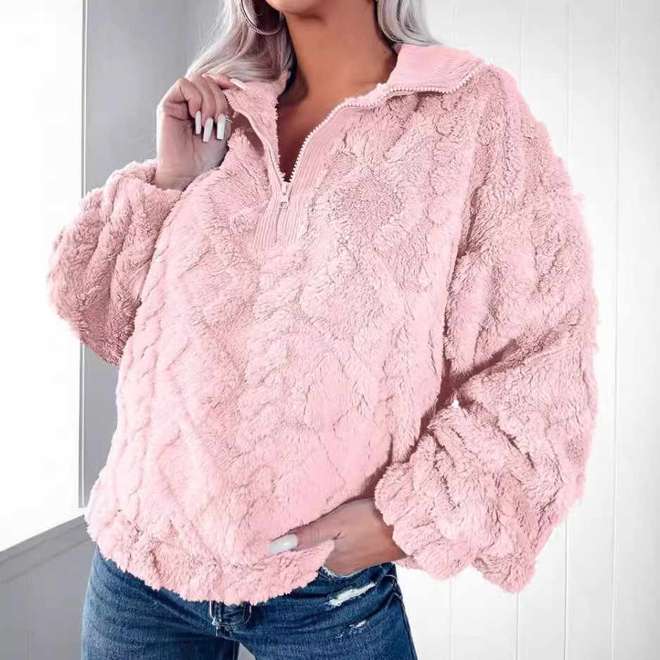 Women's Clothing simple solid color half zip stand collar loose plush pullover sweatshirt_voghion.com