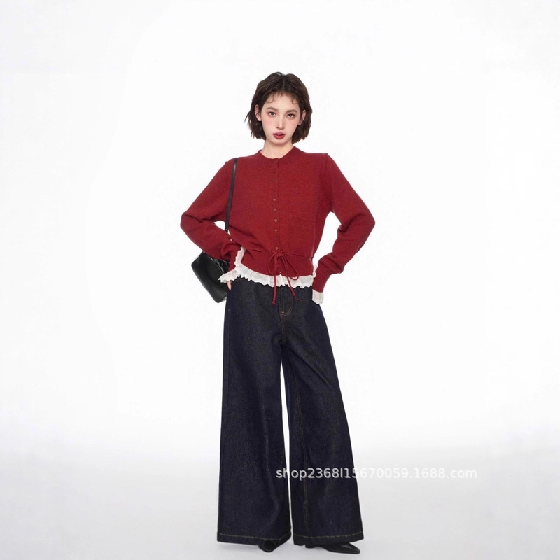 Knitted Cardigan New Style Korean Sweet Ruffled Lace Patchwork Sweater with Tie Waist Design Loose Short Sweater