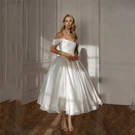 一字肩跨轻婚纱境外贸系带礼服新款简约纯色气质宴会小礼服蓬蓬裙