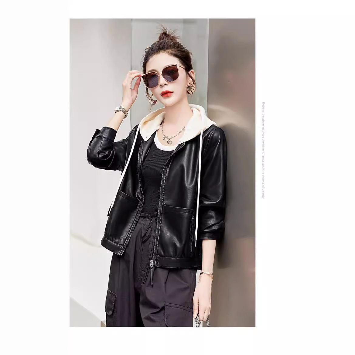 连帽休闲皮衣外套女小个子2024新款春秋季时尚宽松显瘦短款皮夹克