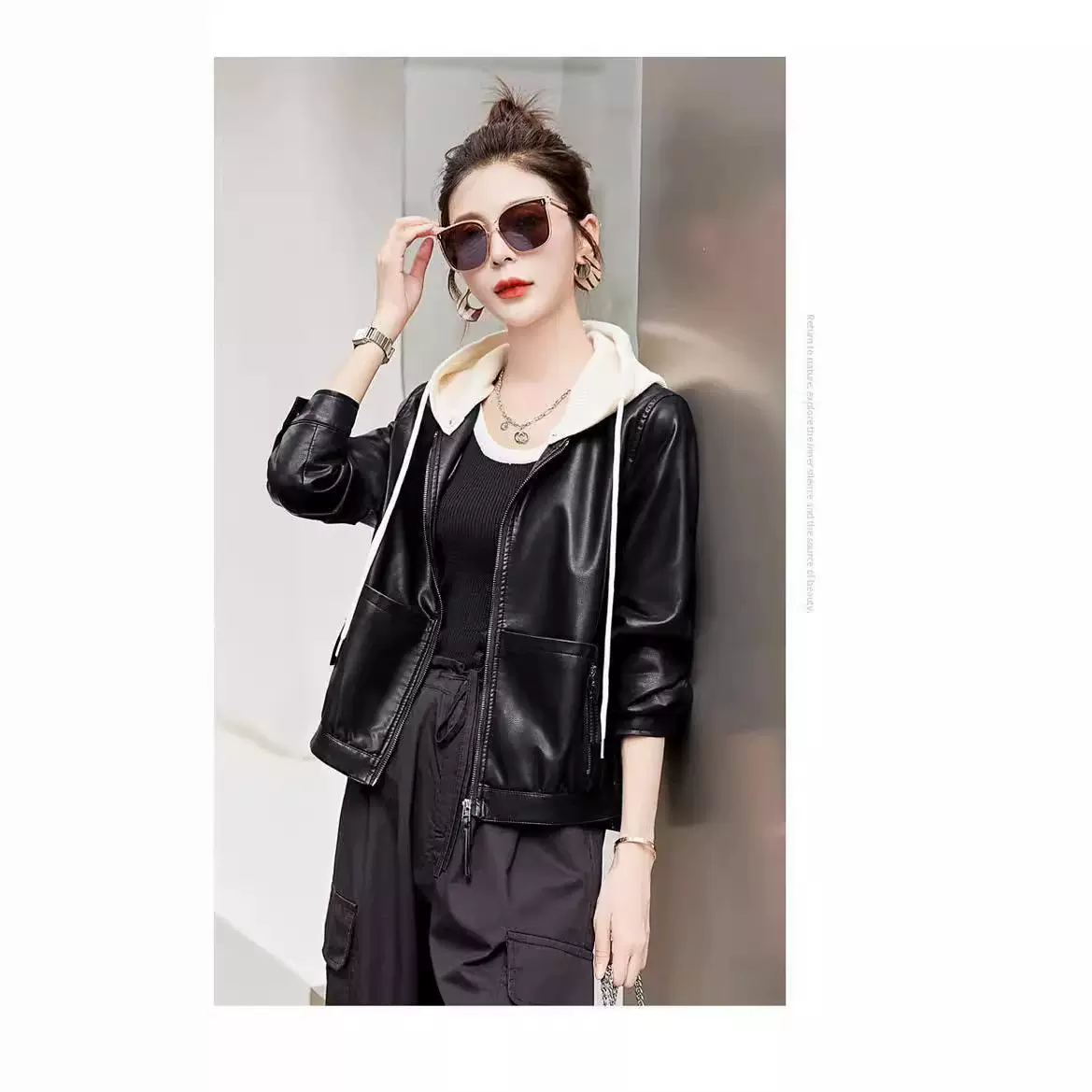 连帽休闲皮衣外套女小个子2024新款春秋季时尚宽松显瘦短款皮夹克