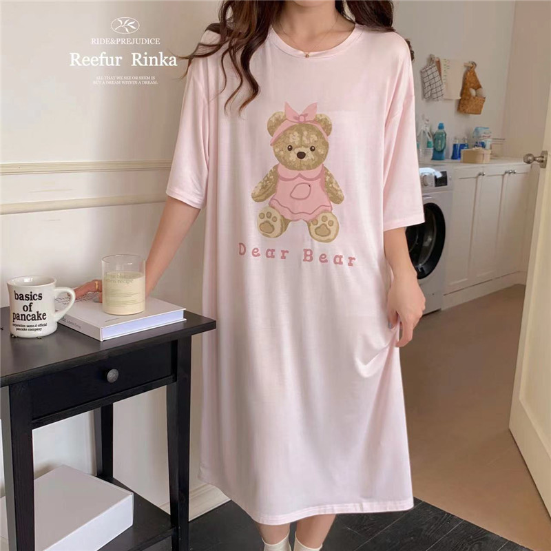 Reefur Rinka Pear Flower Home Spring Thin Women's Modal Crewneck Printed Doll Bear Short Sleeve Long Nightdress Home