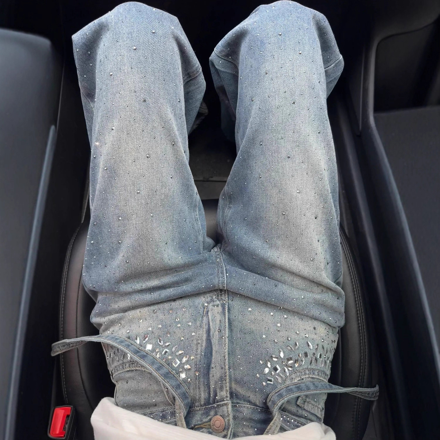 Women's High-Waisted Straight Leg Jeans Rhinestone Design Blue with Belt S M L XL XXL_voghion.com