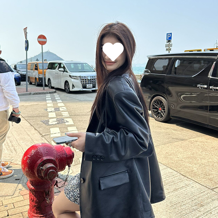 2025 Spring and Autumn New Design Street Style Retro Black Pu Leather Suit Jacket for Women Loose Hong Kong Style Versatile