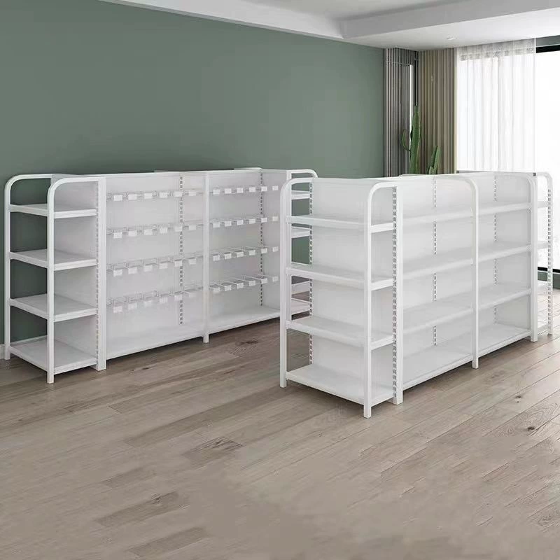 белая четырехколонная стойка для супермаркета, магазин канцелярских товаров, столовая, закуски, магазин для матери и ребенка, двусторонняя односторонняя полка