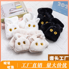 24冬のアニメのぬいぐるみとベルベットの厚い目の猫の半分の指のカバー手袋の屋外のかわいい毛羽の保温手袋