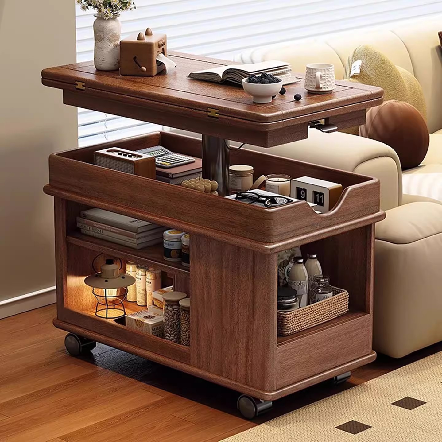 All Solid Wood Walnut Foldable Lifting Coffee Table Movable Sofa Side Cabinet Multi-Functional Wheeled Trolley Side Table