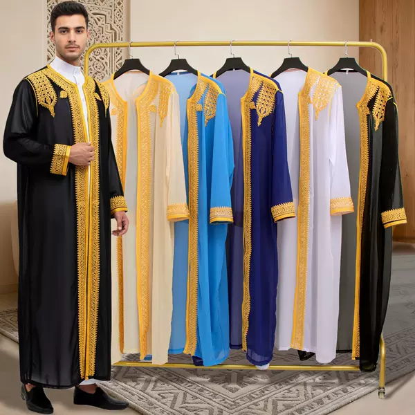 FN224-19 Three-dimensional gold thread embroidery cardigan, breathable outer robe, loose fit, large size, casual men's cardigan jacket