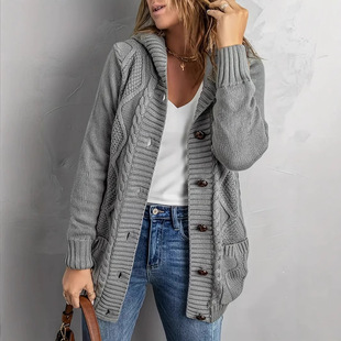 Amazon Fashion Long Sleeve European and American Cross-Border Women's Jacket Casual Solid Color Pocket Large Size Women's Sweater Cardigan