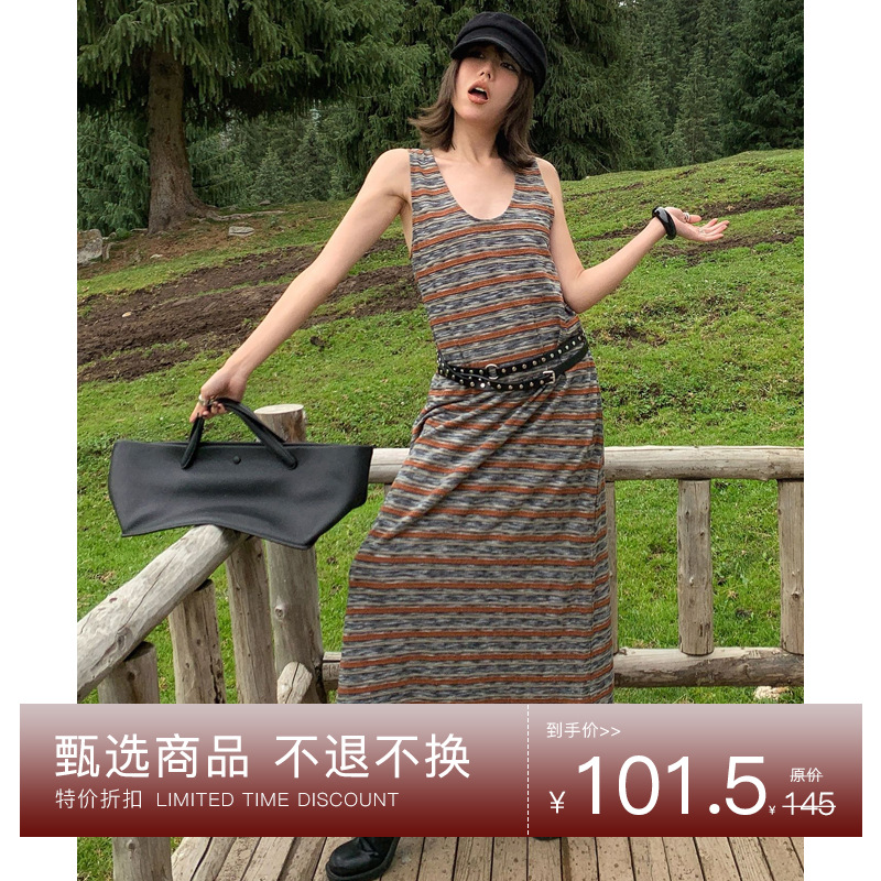 【十三行7折特价不退货】彩虹条纹连衣裙时尚休闲内搭长裙250983