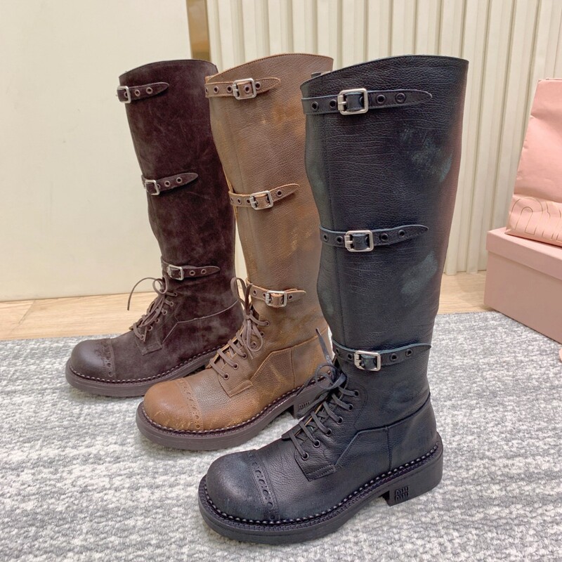 Guangzhou High Quality! Miu Battle Boots Belt Buckle Knight Boots Women's High Boots Cowhide Round Toe Lace-Up Boots