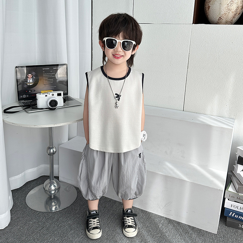 7397 traje de chaleco para niños 2025 nuevo estilo de verano para niños ropa sin mangas de celebridades de Internet bebé verano ropa para niños coreanos
