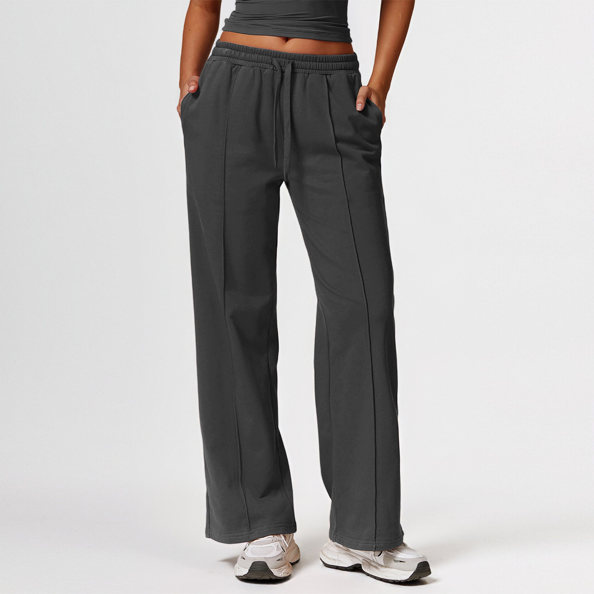 Primavera y otoño nuevos pantalones deportivos de alta cintura sueltos de bolsillo pantalones casuales rectos en el exterior pantalones deportivos versátiles mujeres