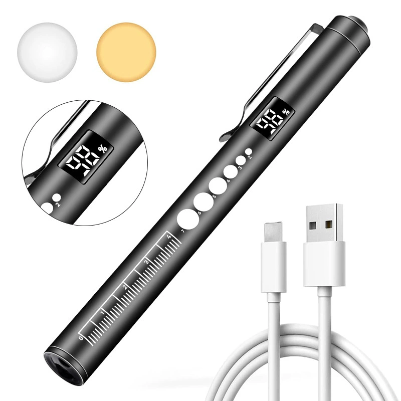 Электрический дисплей, перезаряжаемая медицинская ручка нажимного типа, светло-желтый и белый, двойной источник света, оральный светильник, нержавеющая сталь, светодиодная ручка для утреннего осмотра