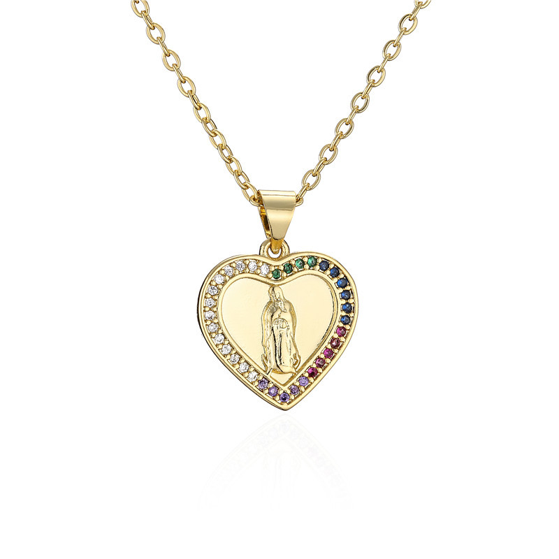 retro heart Virgin Mary pendant white zirconium necklace