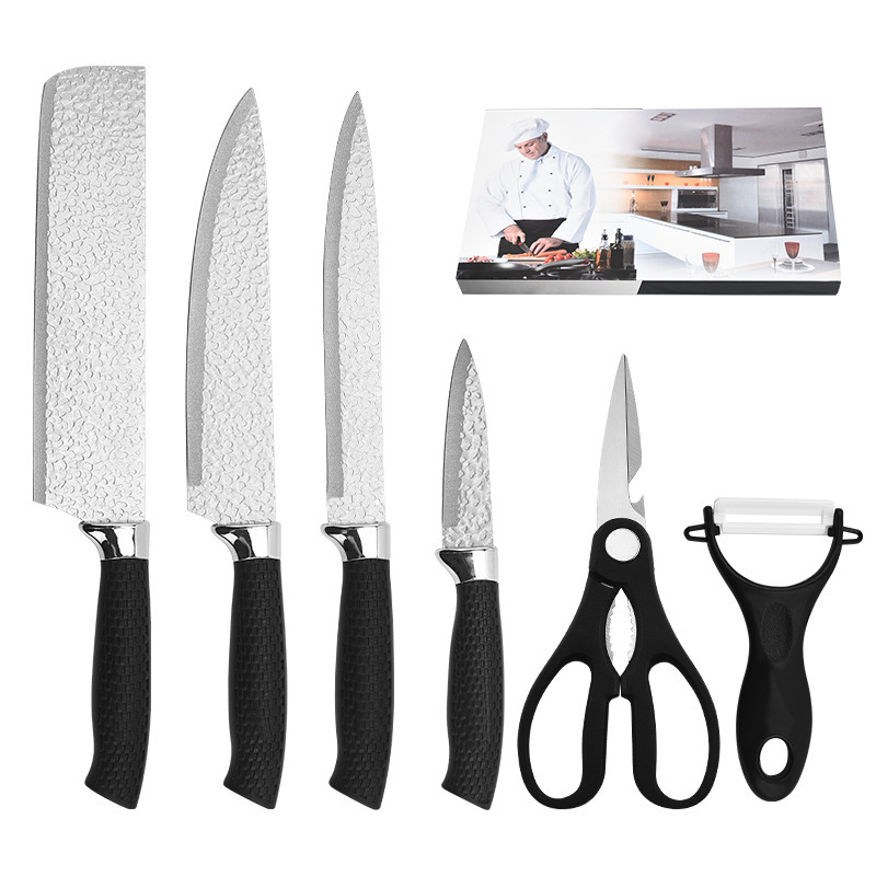 Juego de seis piezas con patrón de martillo al por mayor, mango de malla de acero inoxidable, cuchillo de cocina, cuchillo de chef, cuchillo de corte, juego de cuchillos cepillados