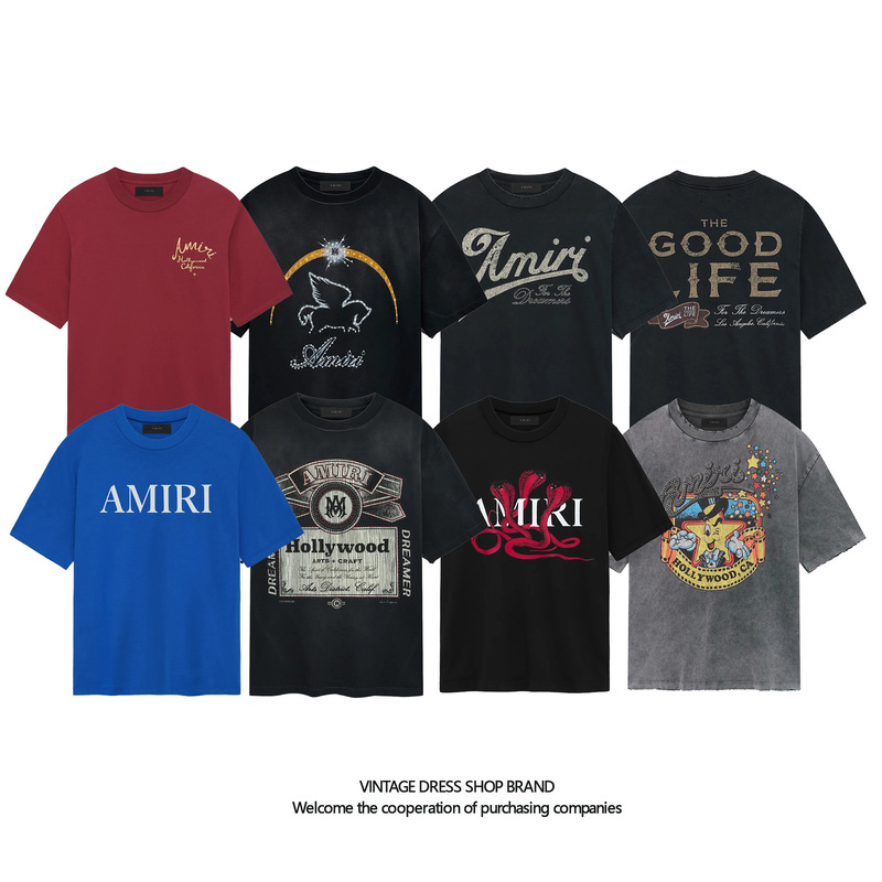 One-Piece Dropshipping Cross-Border Supply Trendy Brand Short-Sleeve Amirit Shirt with Printed Washed Vintage Heavy Cotton Base Shirt for Men
