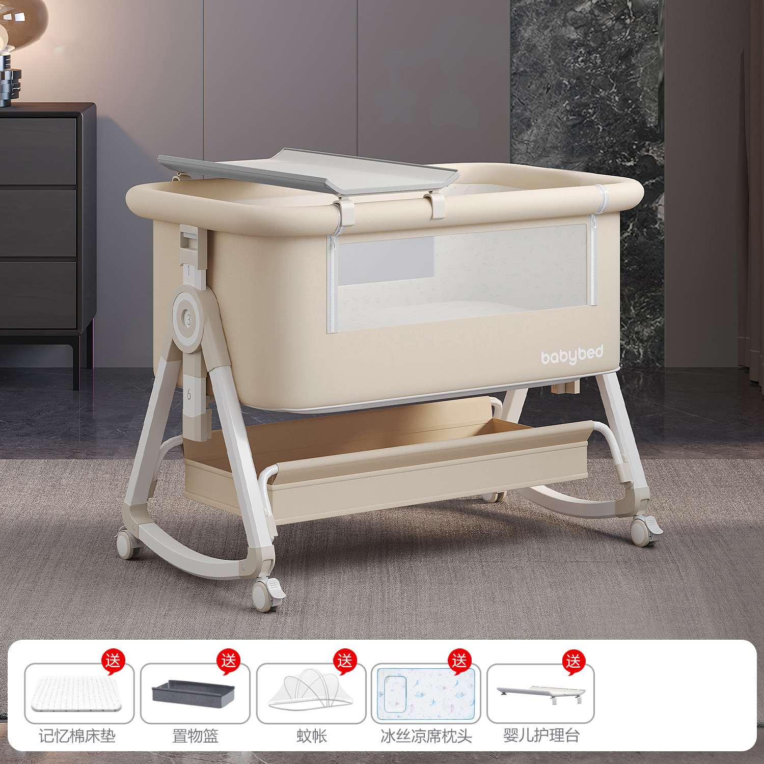 Cama para bebés, cama de empalme grande, cama móvil y plegable portátil, cama de cuna para bebés ajustable, cama BB anti derramamiento de leche image 9