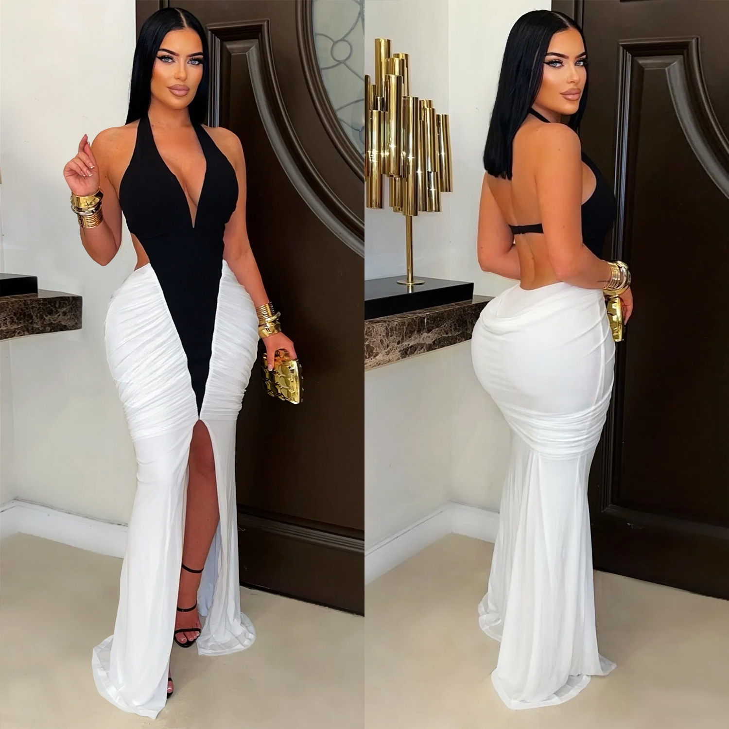 C7573 Aliexpress transfronterizo amazon ropa de moda europea y americana de mujer sexy v collar brazo bifurcado vestido de espalda