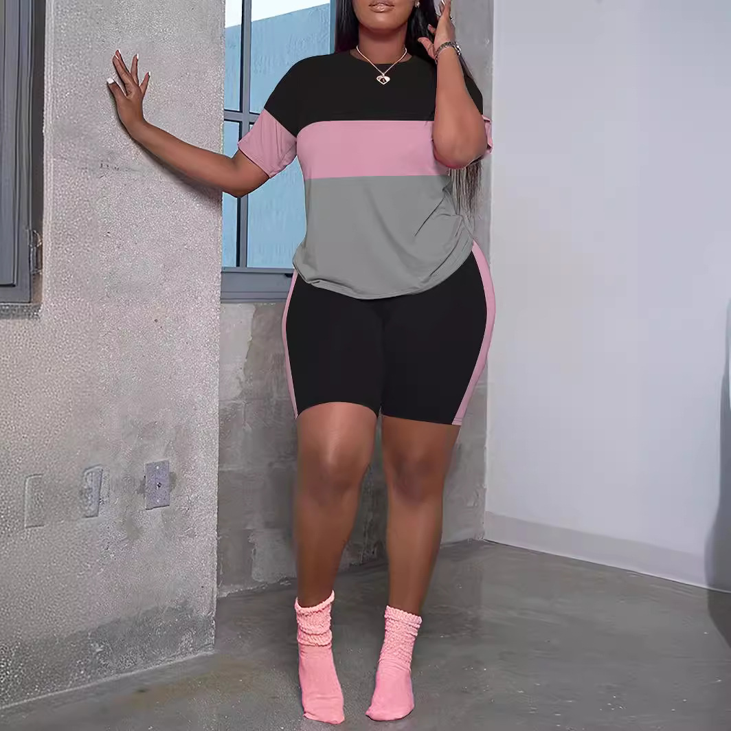 Women's Color Block Crew Neck Summer Fashion Two-Piece Ensemble T-Shirt And Shorts Set Short Sleeve plus Size Available_voghion.com