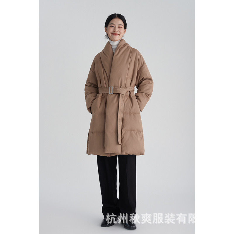 Winter High-End Mid-Length Coat for Women, Fashionable Belt, Slimming, Japanese Fabric, Ultra-Soft 90% White Goose Down, Warm down Jacket