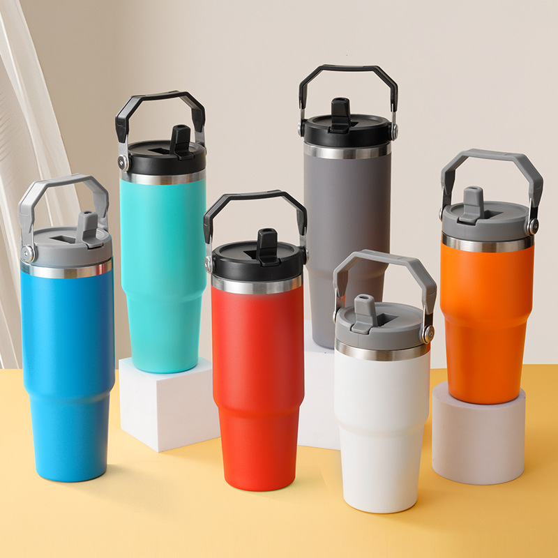爆款304不锈钢保温杯30oz提手提环便携汽车杯旅行车载吸管杯