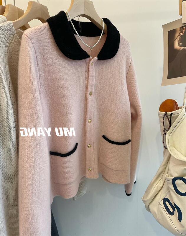Thick and soft! Doll Collar Thickened Fragrant Wool Jacket Elegant Slim Contrast Cardigan Women