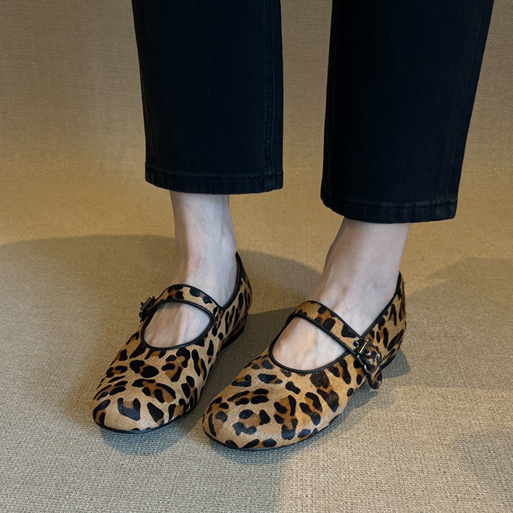 Sheepskin Version ~ 2025 New Niche Leopard Print One-Word Strap Shallow Mouth Flats Women's Flats Mary Jane Women's Shoes