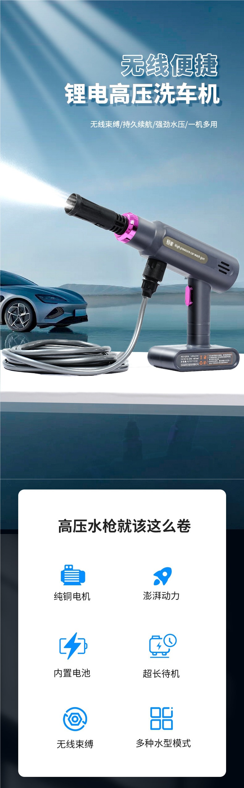 Portable Wireless Car Washing Machine, Rechargeable Powerful Booster Handheld Household Car Washing High-Pressure Water Gun Cleaning Tool