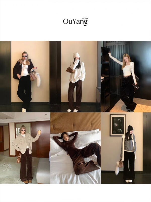 欧阳灯芯绒休闲裤女秋季新款复古阔腿裤拖地长裤宽松直筒裤子|undefined