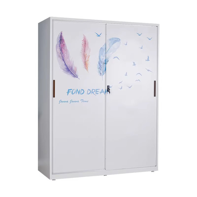 Amazon venta caliente impresa armario casero armario de chapa deslizante puerta corredera dormitorio de niños almacenar fábrica de vestuario