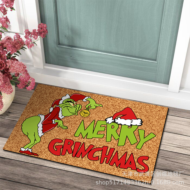 En stock Grinch alfombra del piso transfronterizo alfombra de Navidad alfombra de puerta de vacaciones verde payaso alfombra del piso