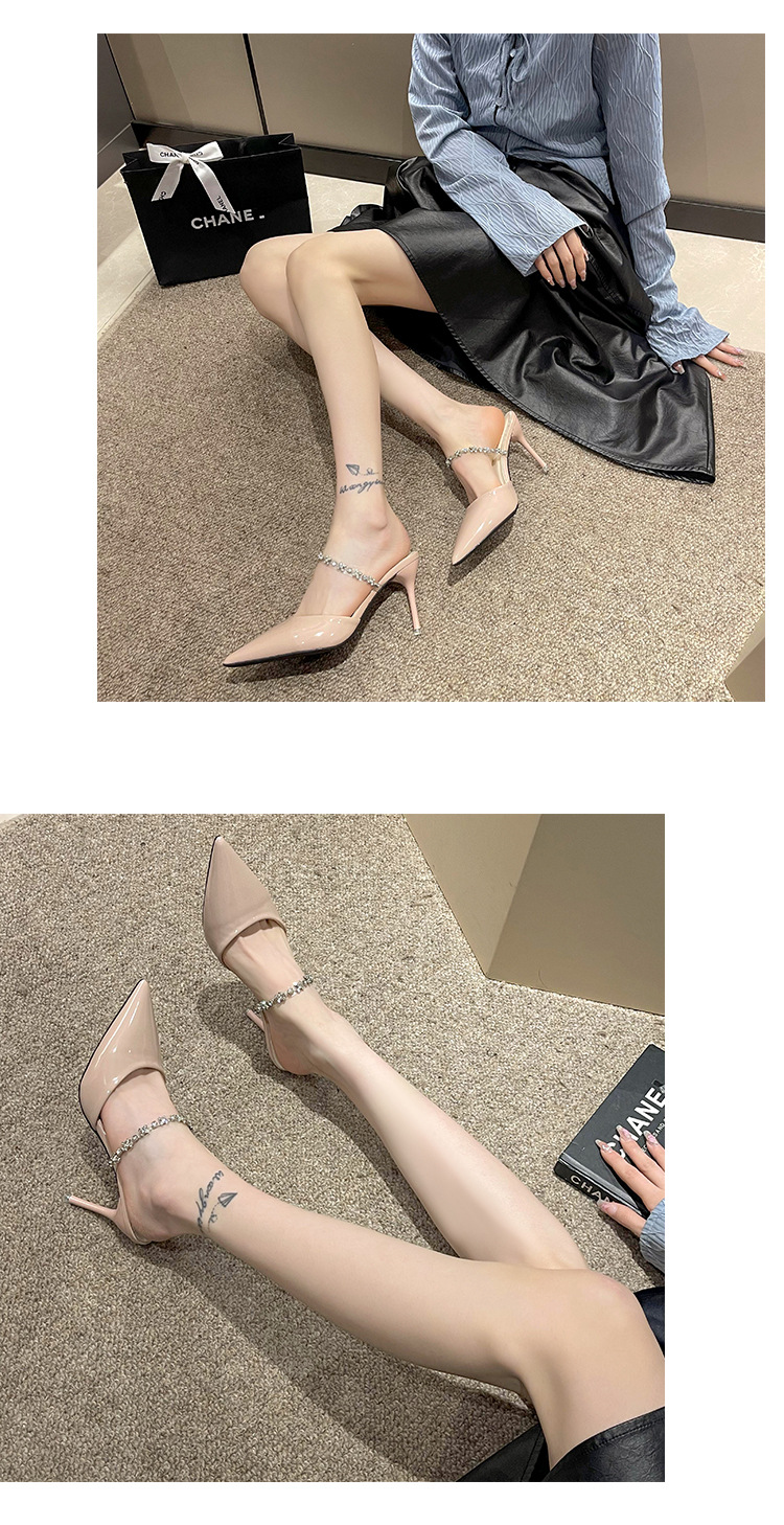 High-heeled toe slippers for women 2023 summer new style French rhinestone one-strap stiletto pointed toe patent leather half slippers_voghion.com