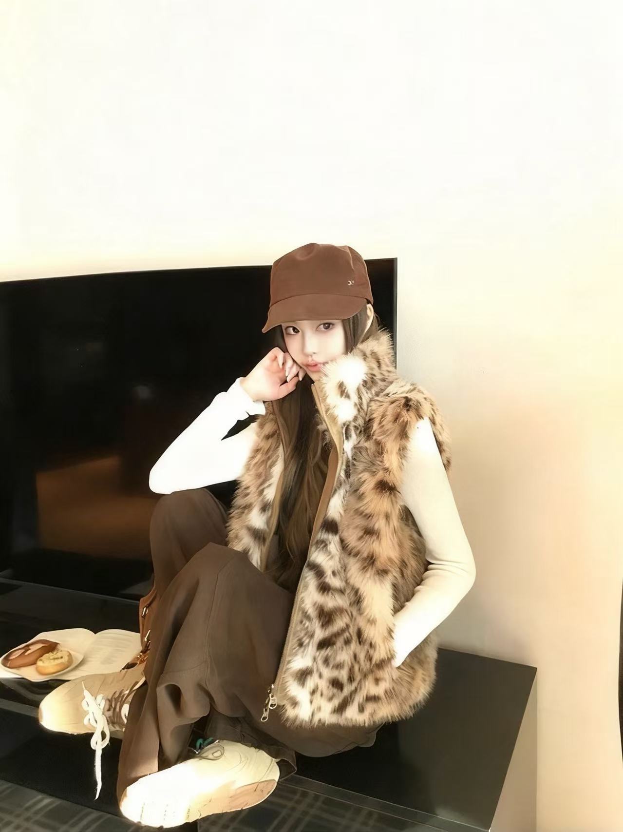 Leopardo lujoso 25 otoño y invierno nuevo estilo '' doble lado se puede usar con bolsillo doble verde piel gruesa chaleco image 2