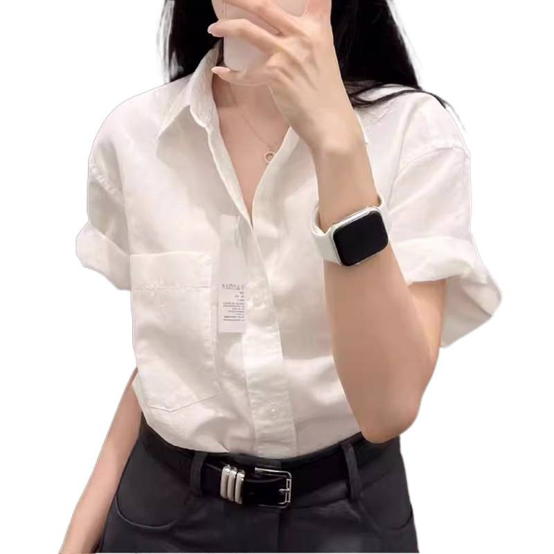 白色短袖衬衫女夏季小众设计高级感休闲百搭通勤衬衣宽松半袖上衣|undefined