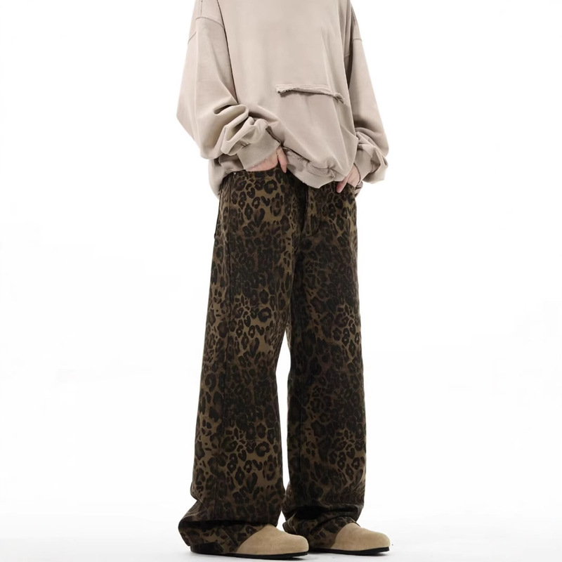 American Street Washed Old Leopard Print Jeans Men's Spring and Autumn Straight Loose European and American High Street Vibe Style Long Pants