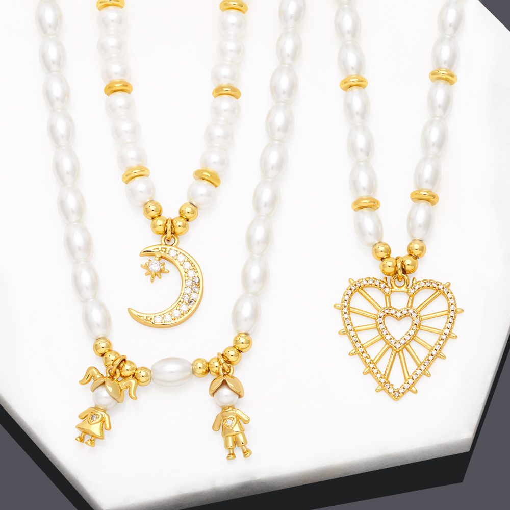 Fashion Moon Heart Shape Copper Pendant Necklace Pearl Inlay Zircon Copper Necklaces