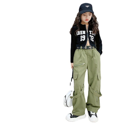 Girls' suit, autumn 2024 new style, fashionable and trendy for older children, student girls' internet-famous street-style cargo pants, sports.
